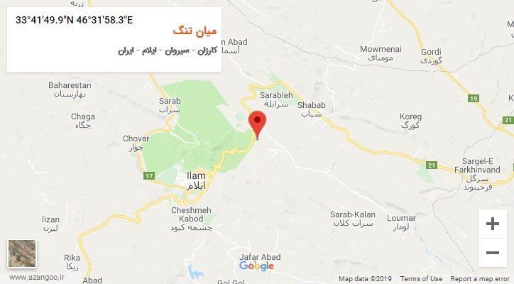 روستای میان تنگ بر روی نقشه