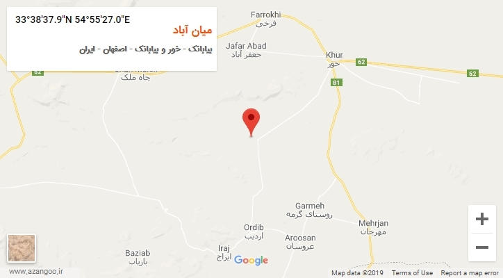 روستای میان آباد بر روی نقشه