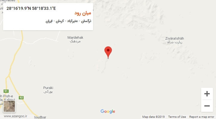 روستای میان رود بر روی نقشه