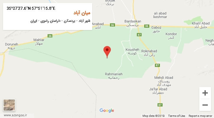 روستای میان آباد بر روی نقشه