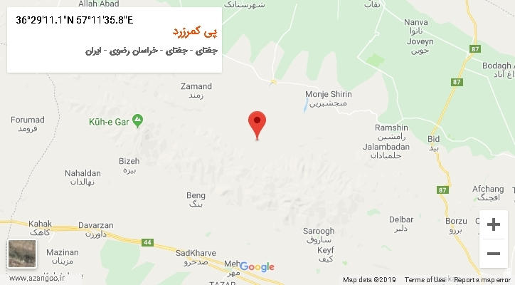 روستای پی کمرزرد بر روی نقشه